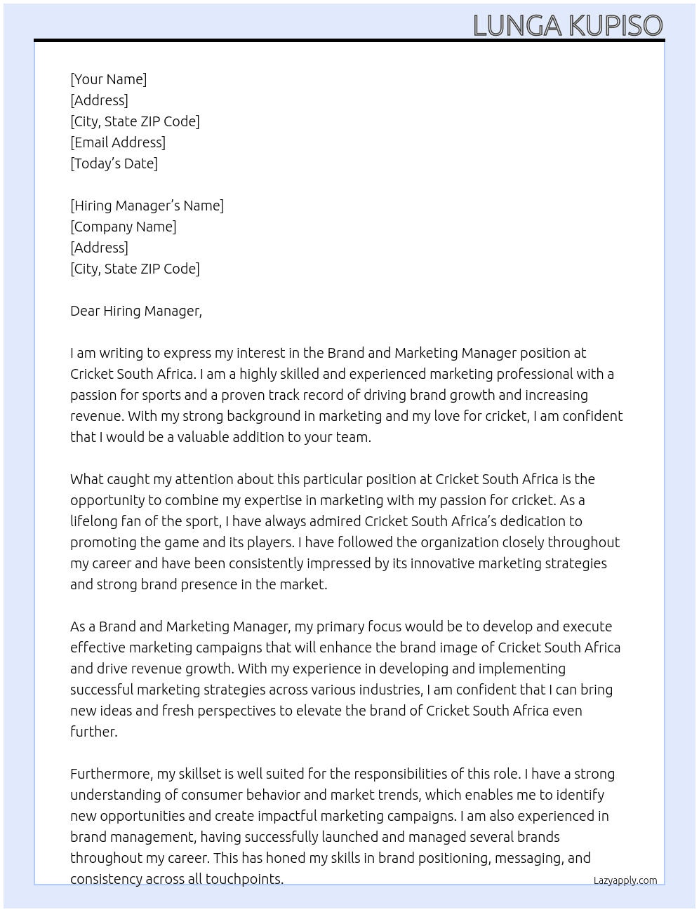 Brand and Marketing Manager At Cricket South Africa Cover Letter