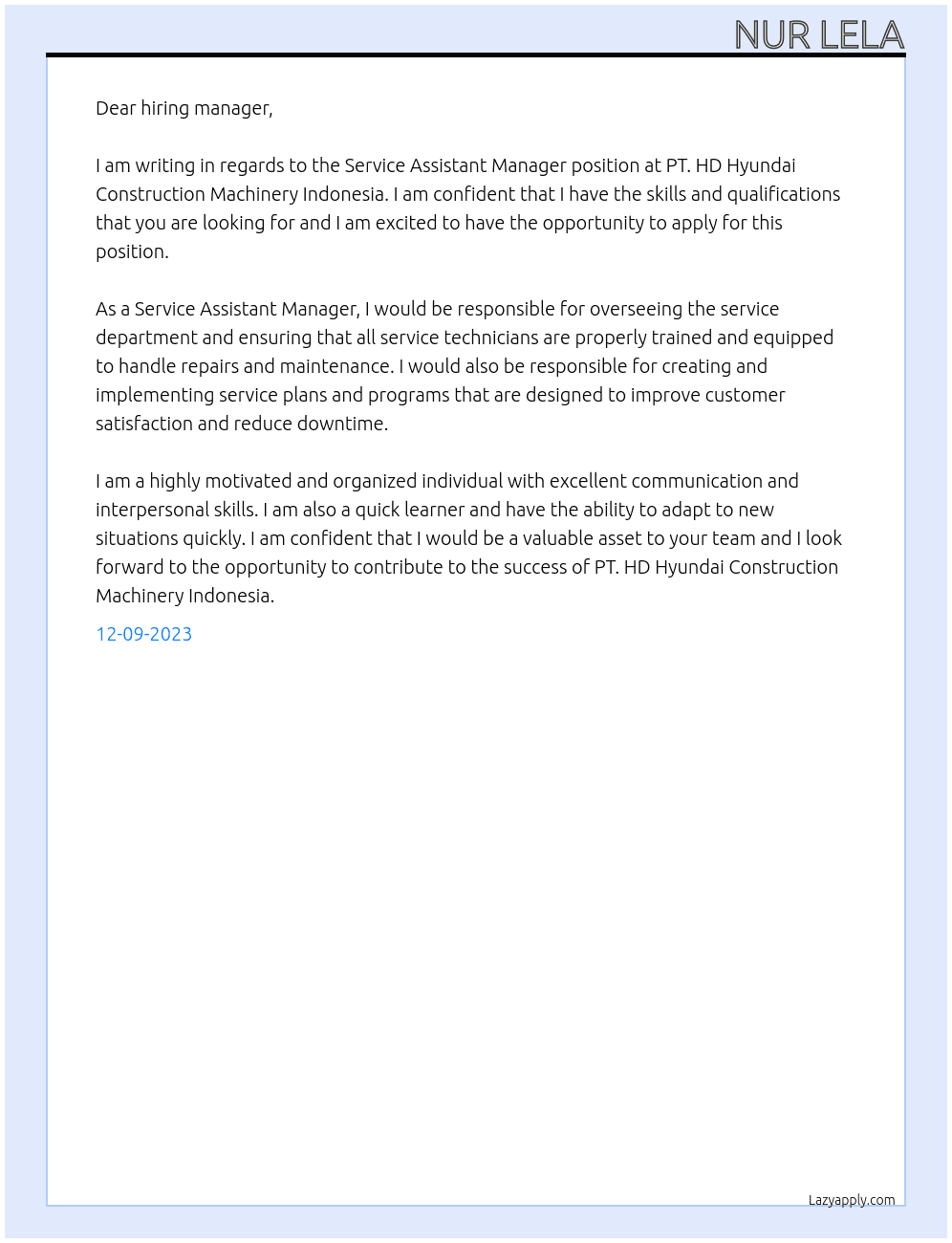 Service Assisstant Manager At PT. HD Hyundai Construction Machinery Indonesia Cover Letter