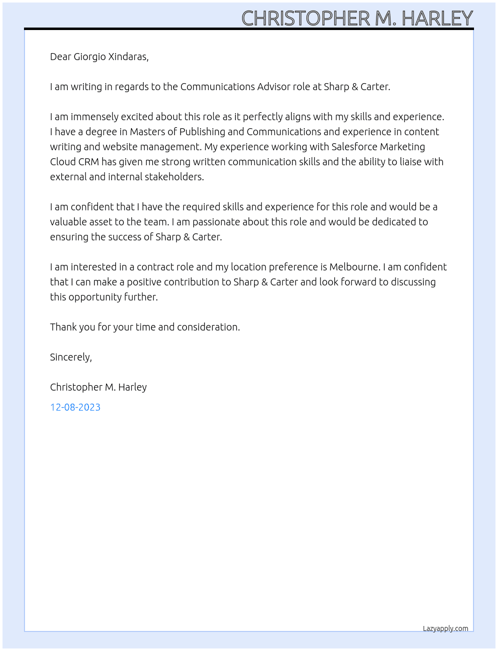 Communications Advisor At Sharp & Carter Cover Letter