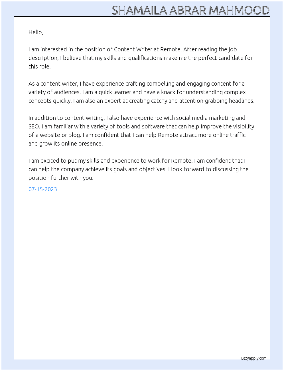Content Writer At Remote  Cover Letter