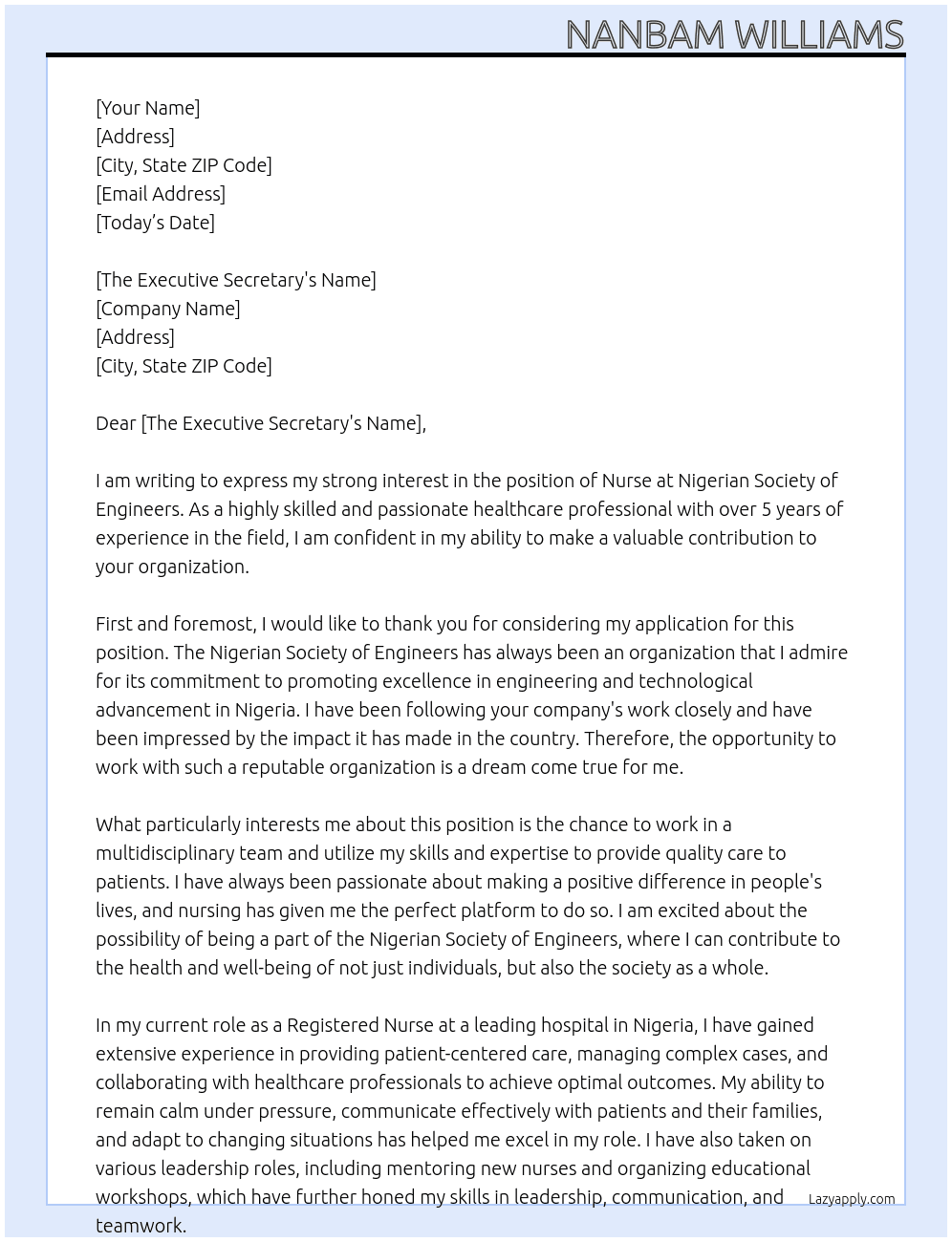Nurse  At Nigerian Society of Engineers Cover Letter