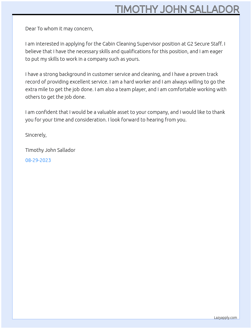 Cabin Cleaning Supervisor At G2 Secure Staff Cover Letter