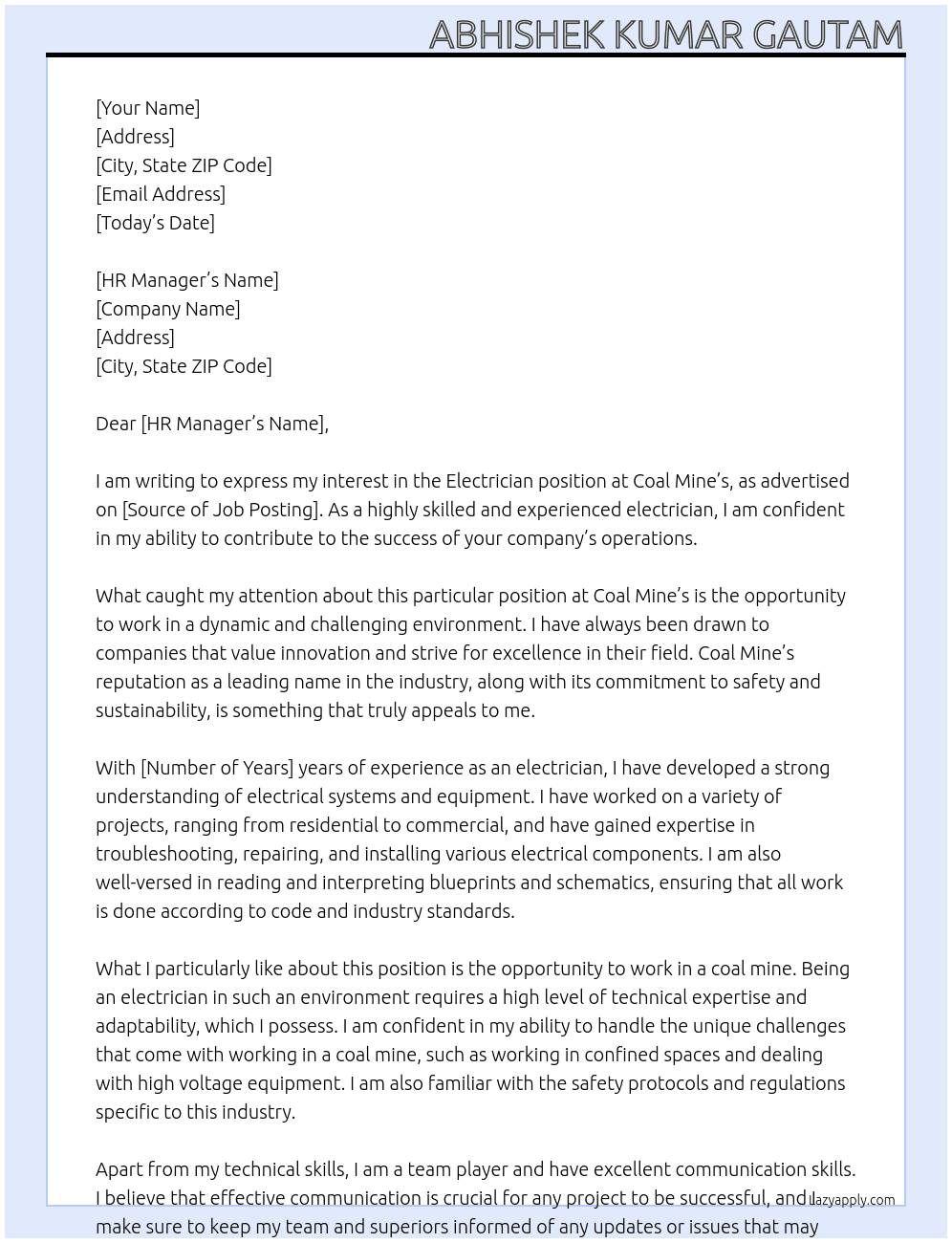 Electrician  At Coal mine's  Cover Letter