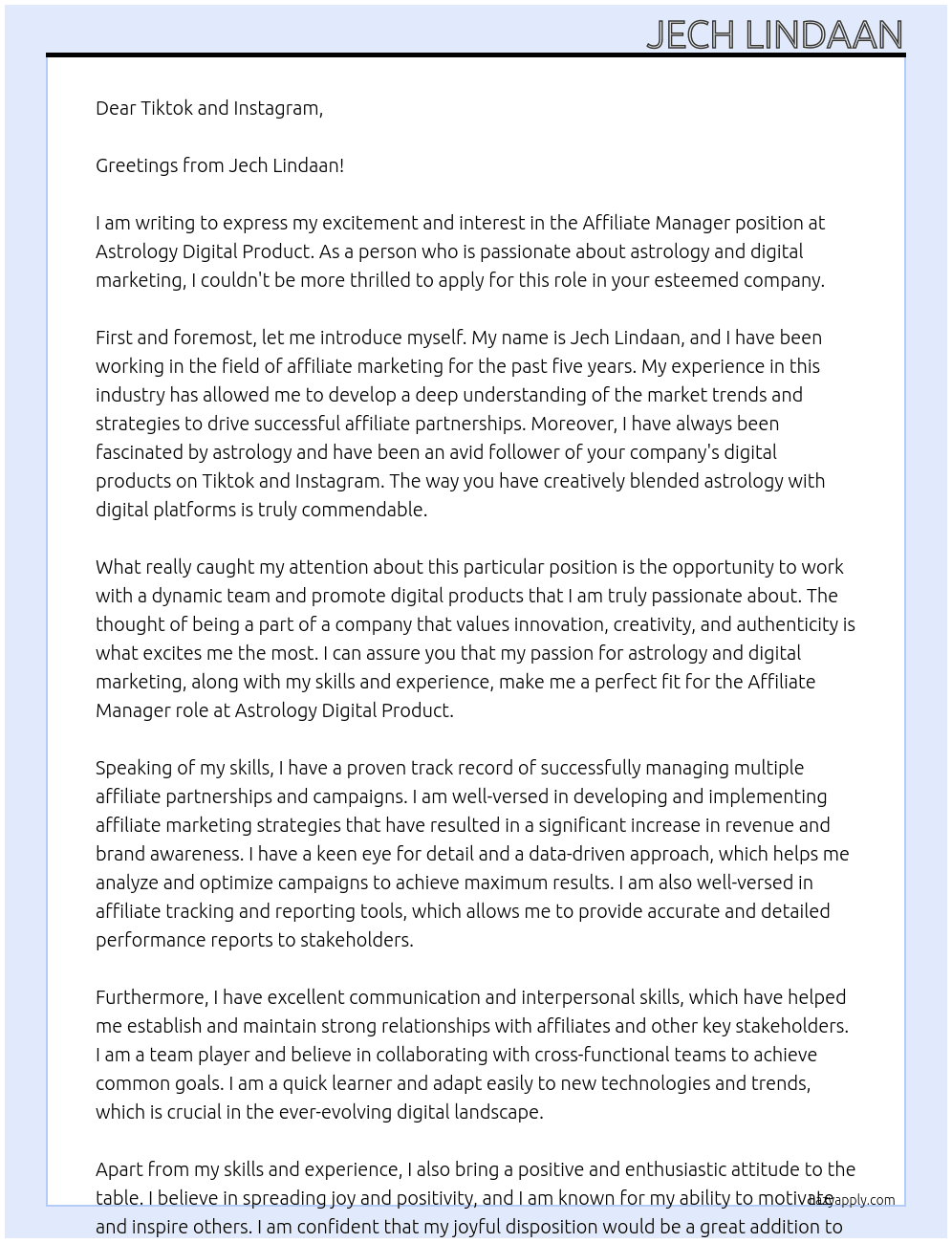 Affiliate Manager  At Astrology Digital Product Cover Letter