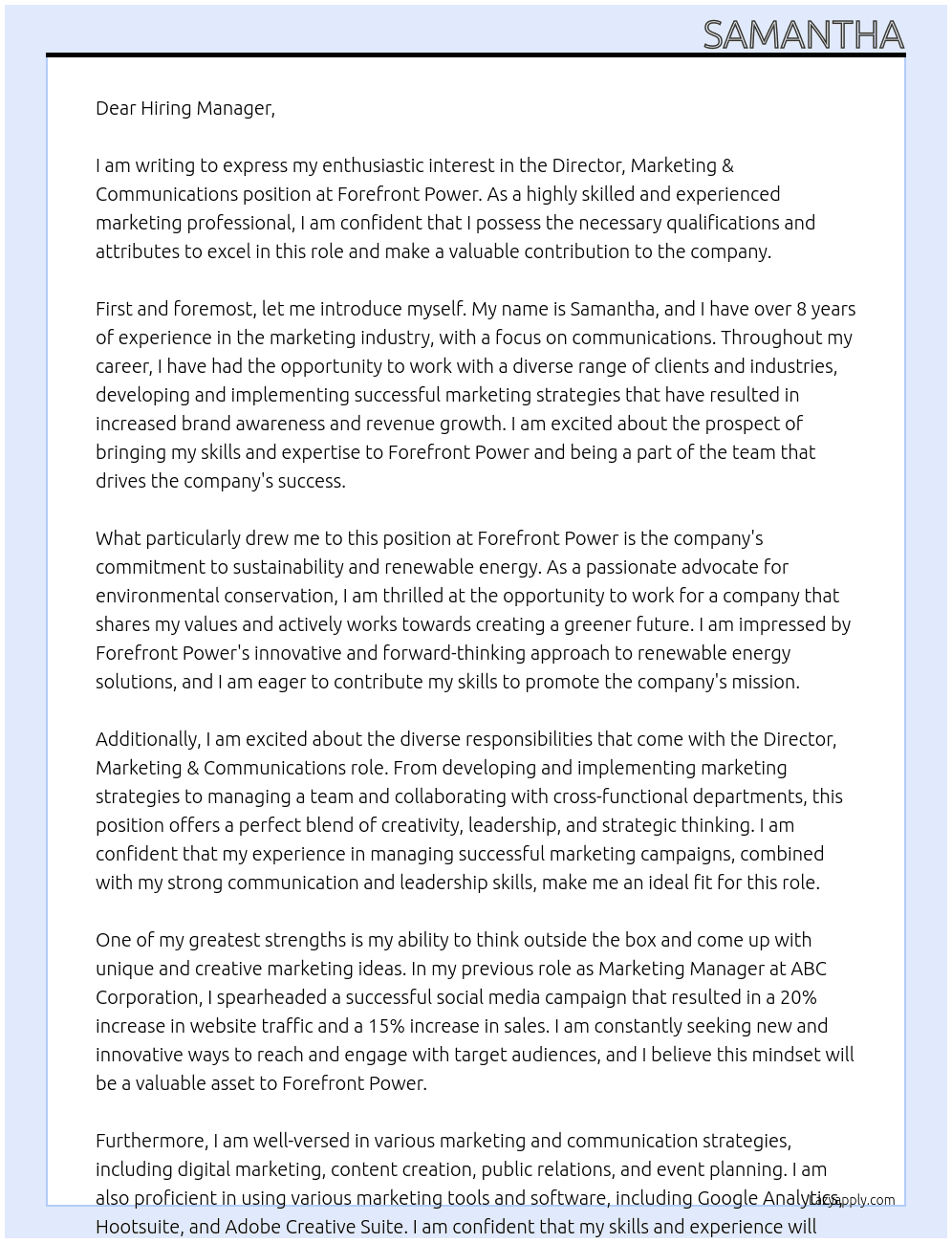 Director, Marketing & Communications At Forefront Power Cover Letter