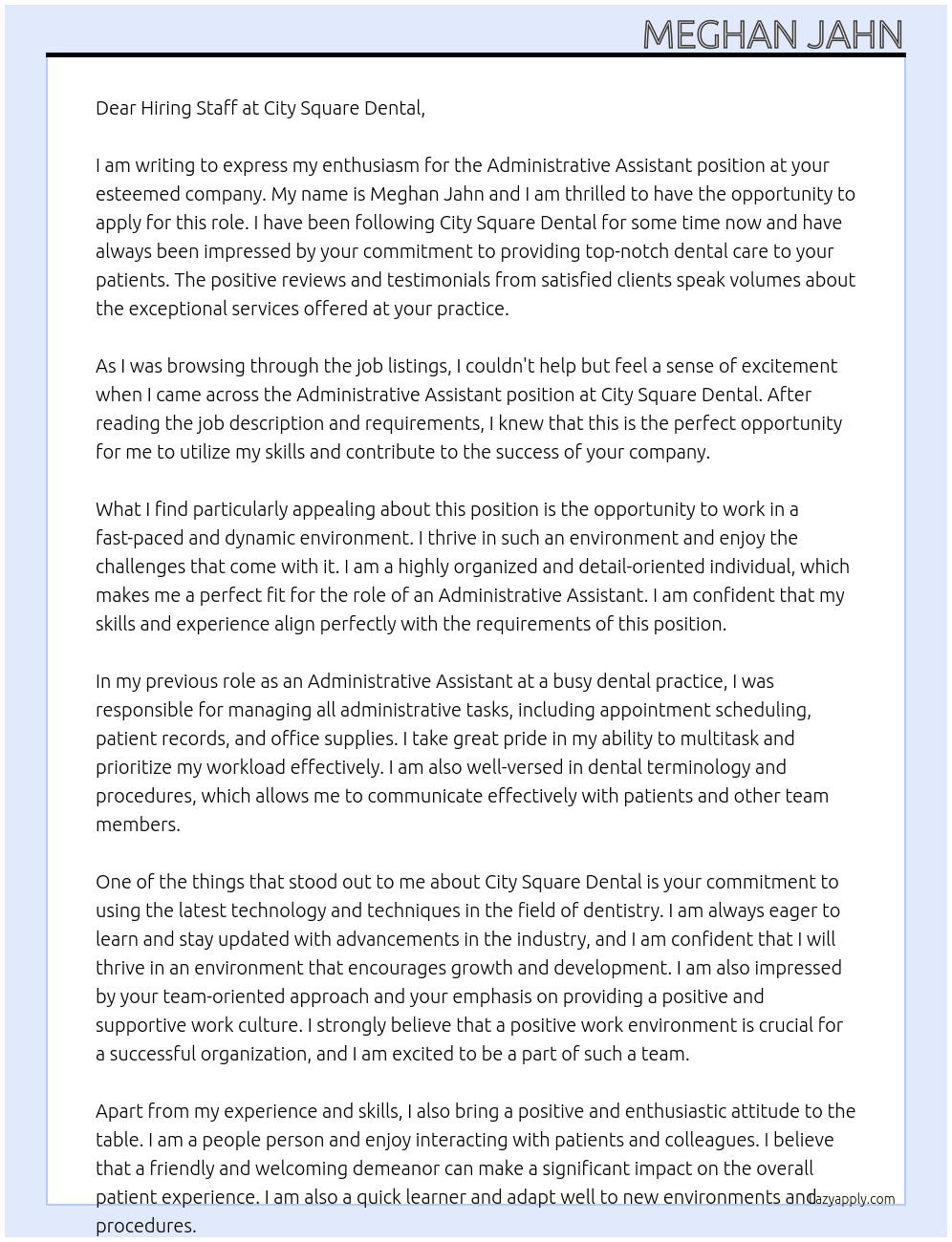 Administrative Assistant At City Square Dental Cover Letter