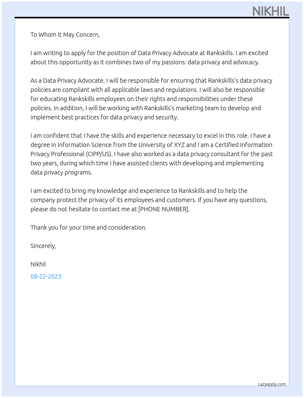 Data privacy  At Rankskills Cover Letter