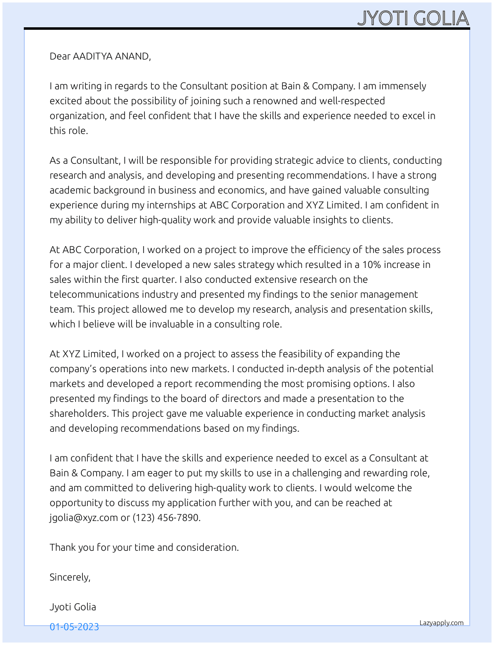 CONSULTANT At BAIN & COMPANY Cover Letter