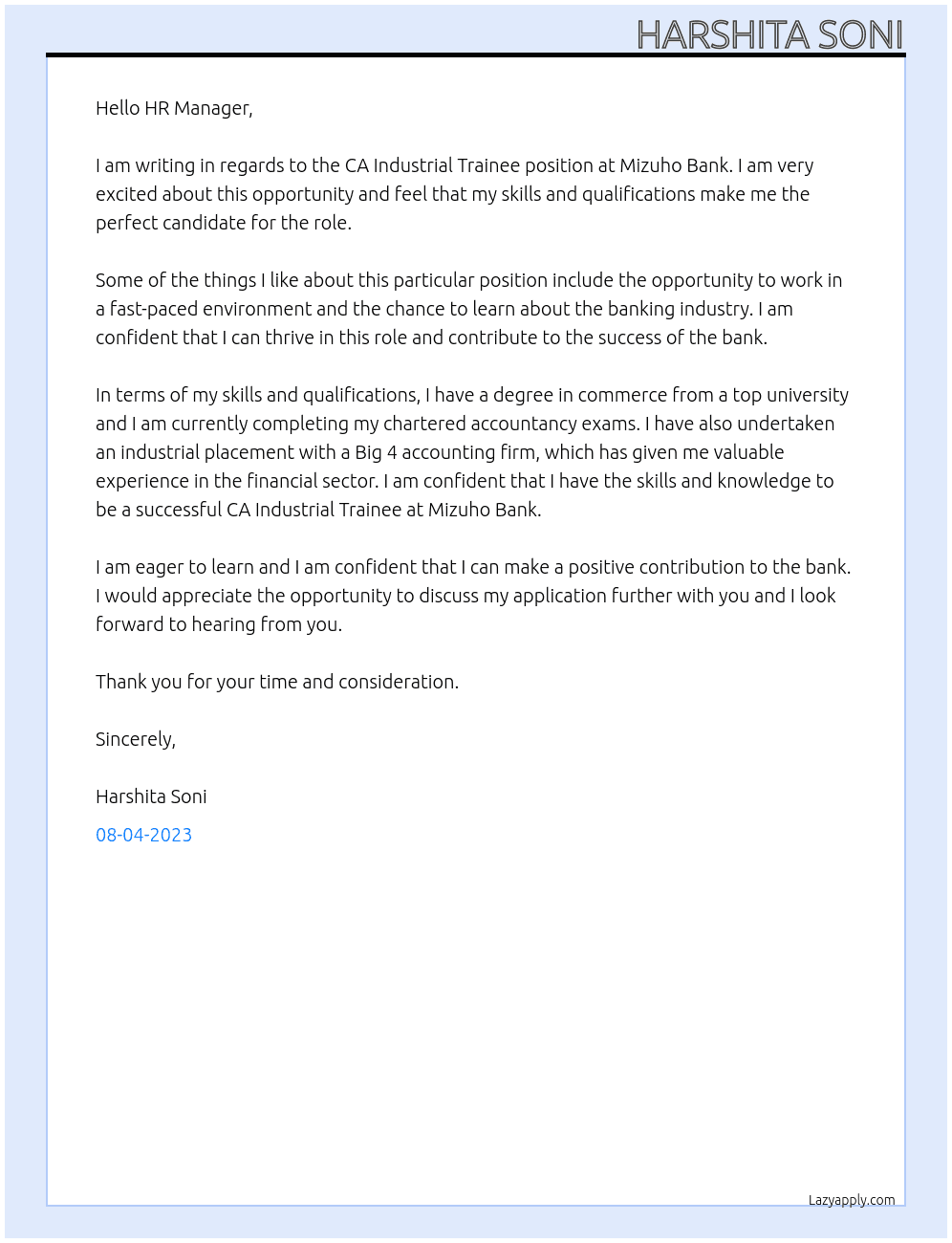 CA Industrial Trainee At Mizuho Bank Cover Letter