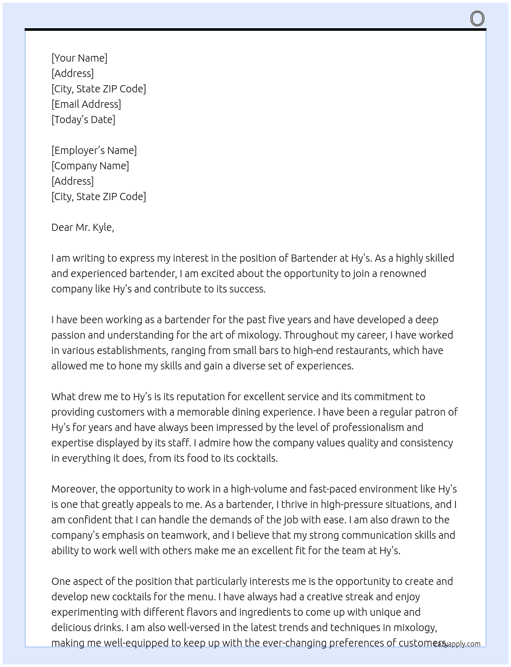 Bartender At Hy's Cover Letter