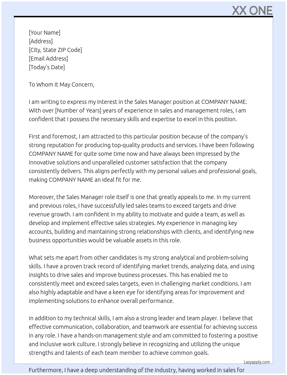 Sales Manager At COMPANY NAME Cover Letter