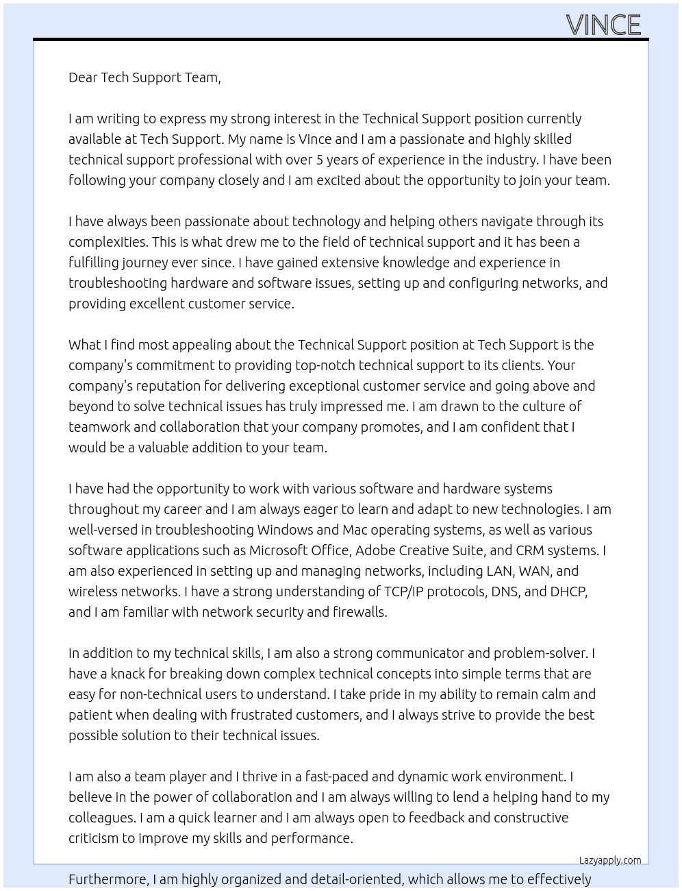 Technical Support At Tech Support  Cover Letter