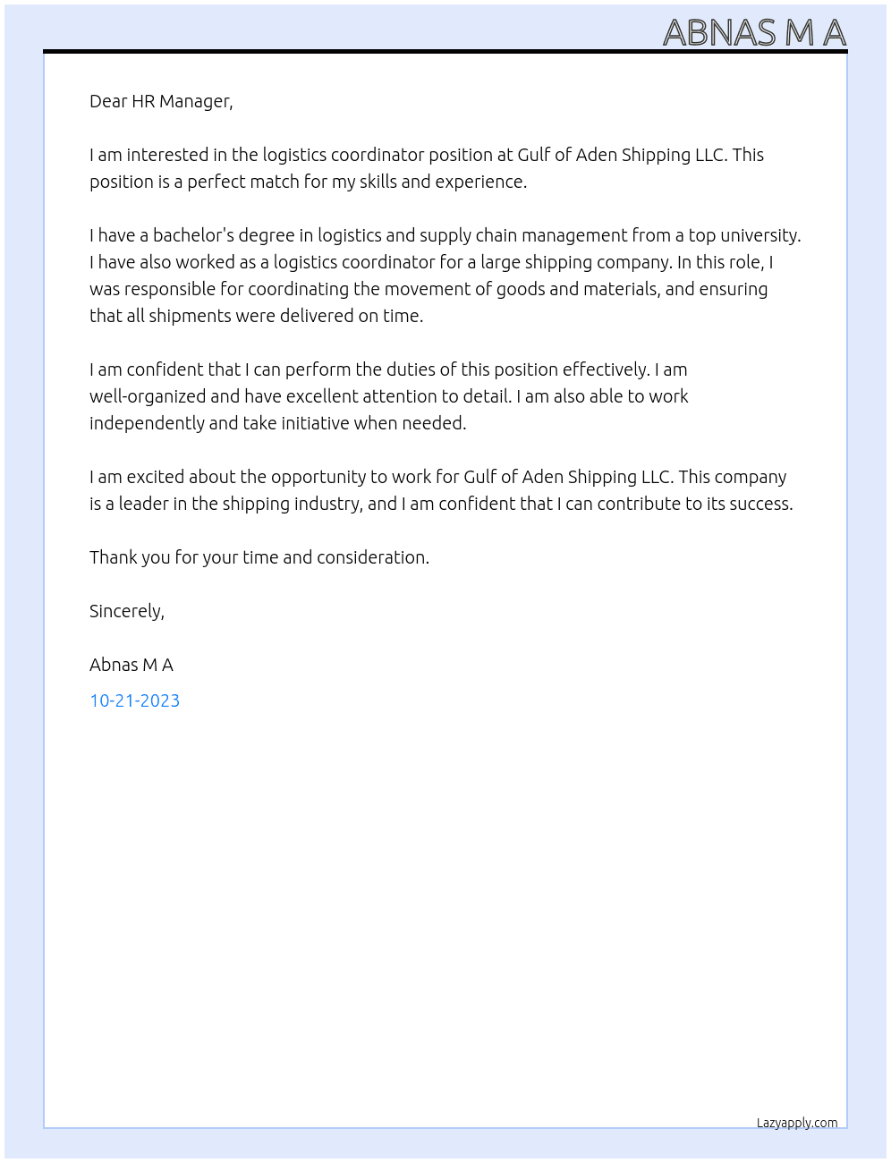 Logistics coordinator At Gulf of Aden Shipping LLC Cover Letter