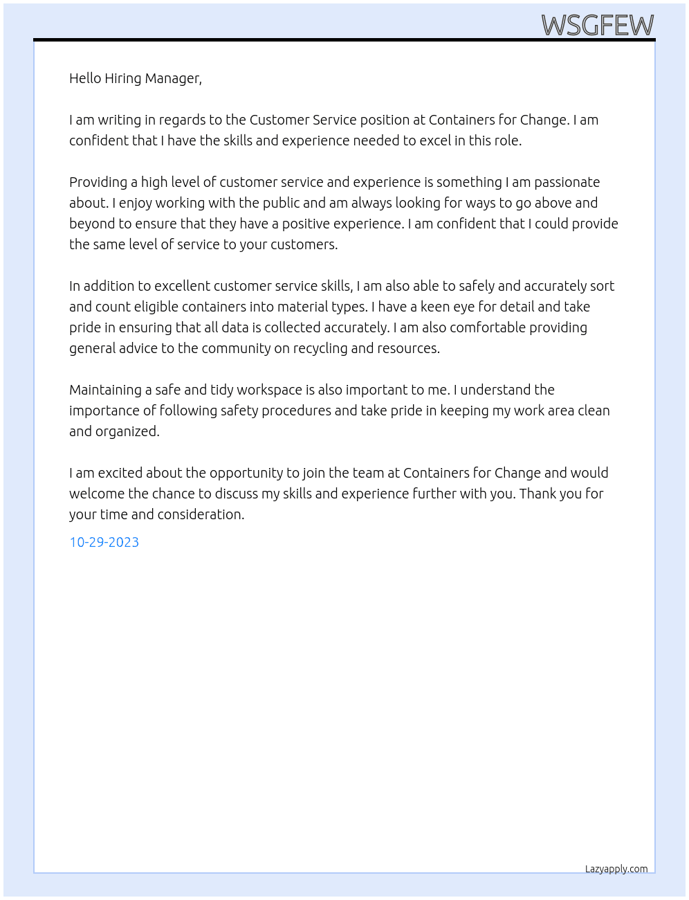 Customer Service At Containers for Change Cover Letter