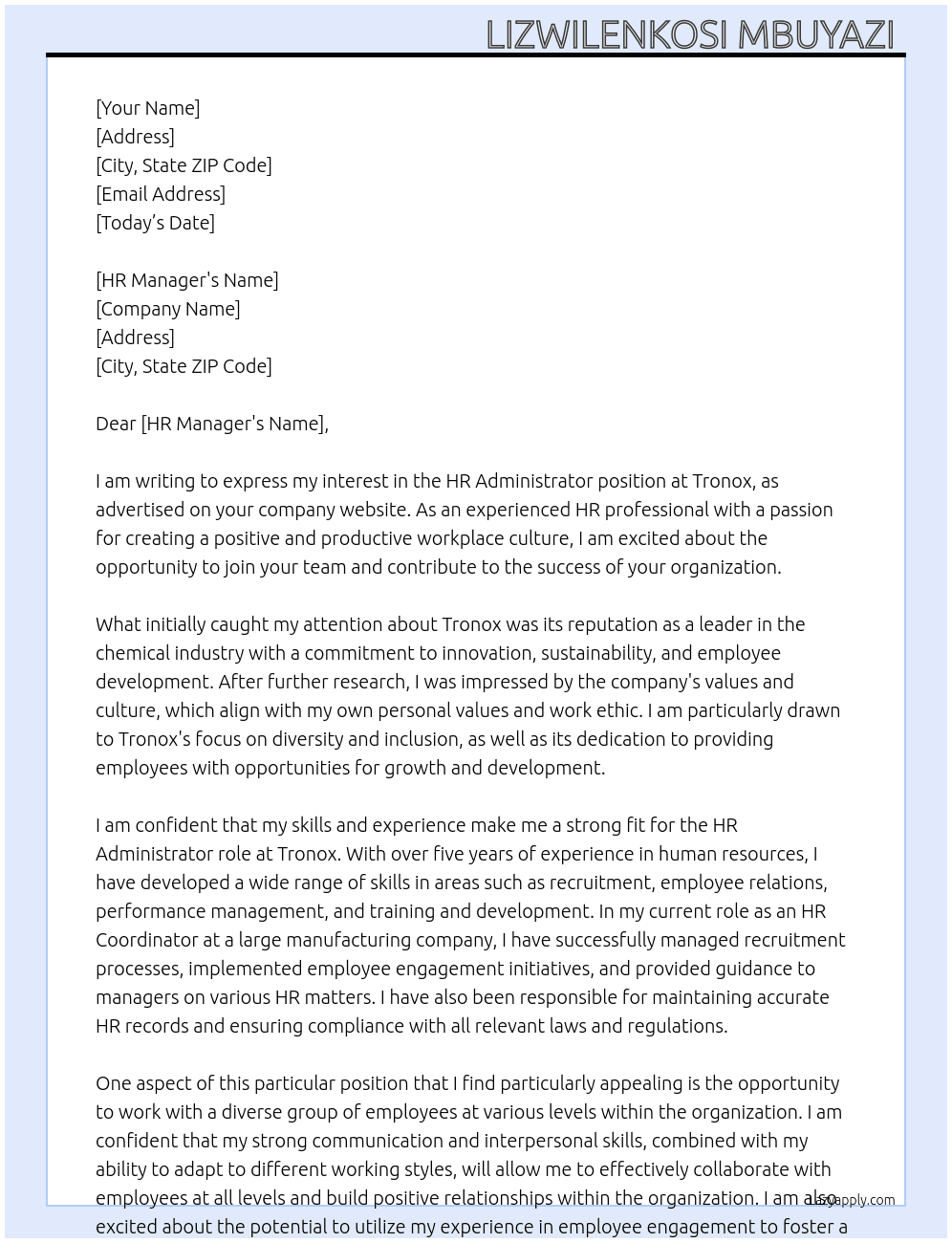HR administrator  At Tronox  Cover Letter