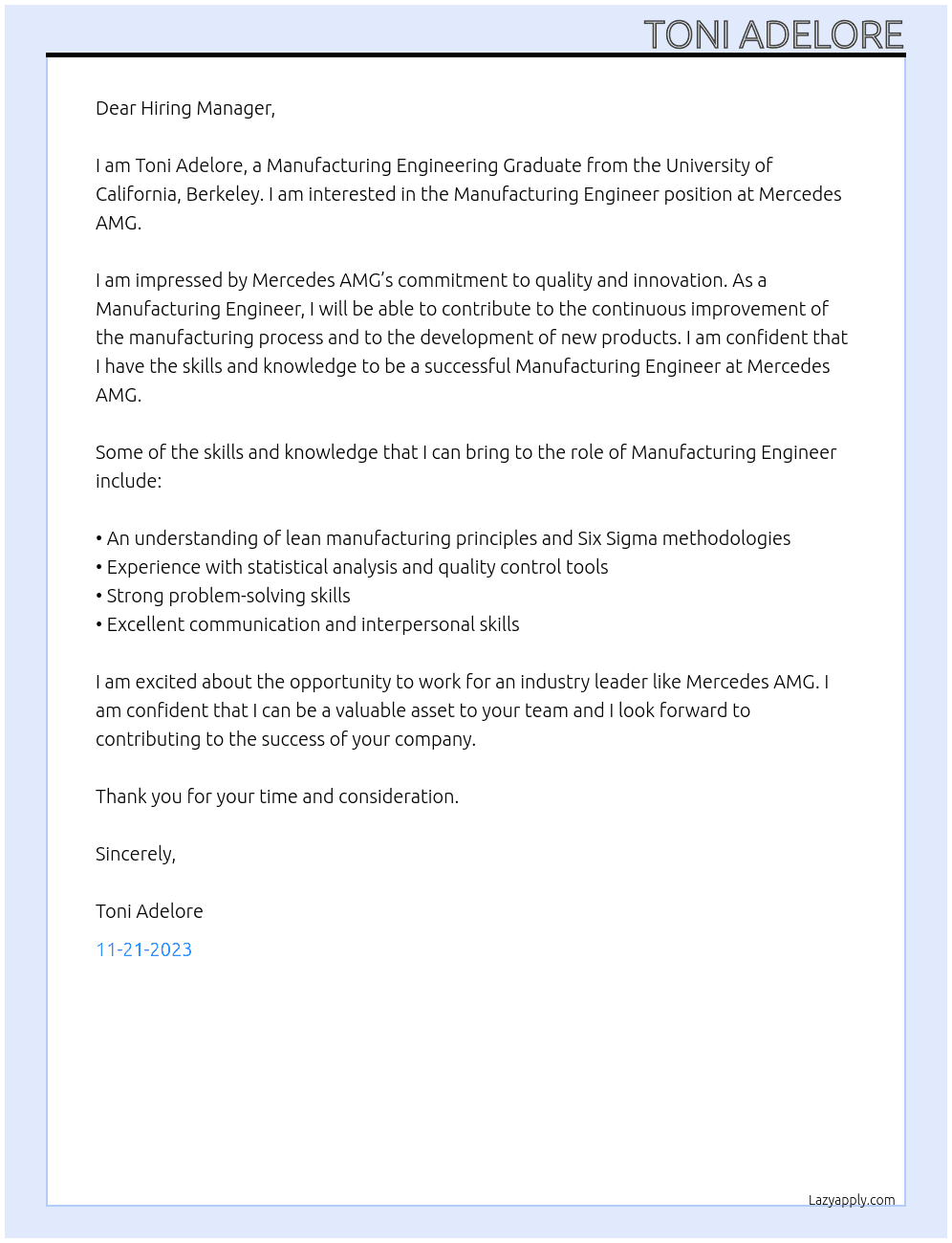 Manufacturing Engineering Graduate At Mercedes AMG Cover Letter