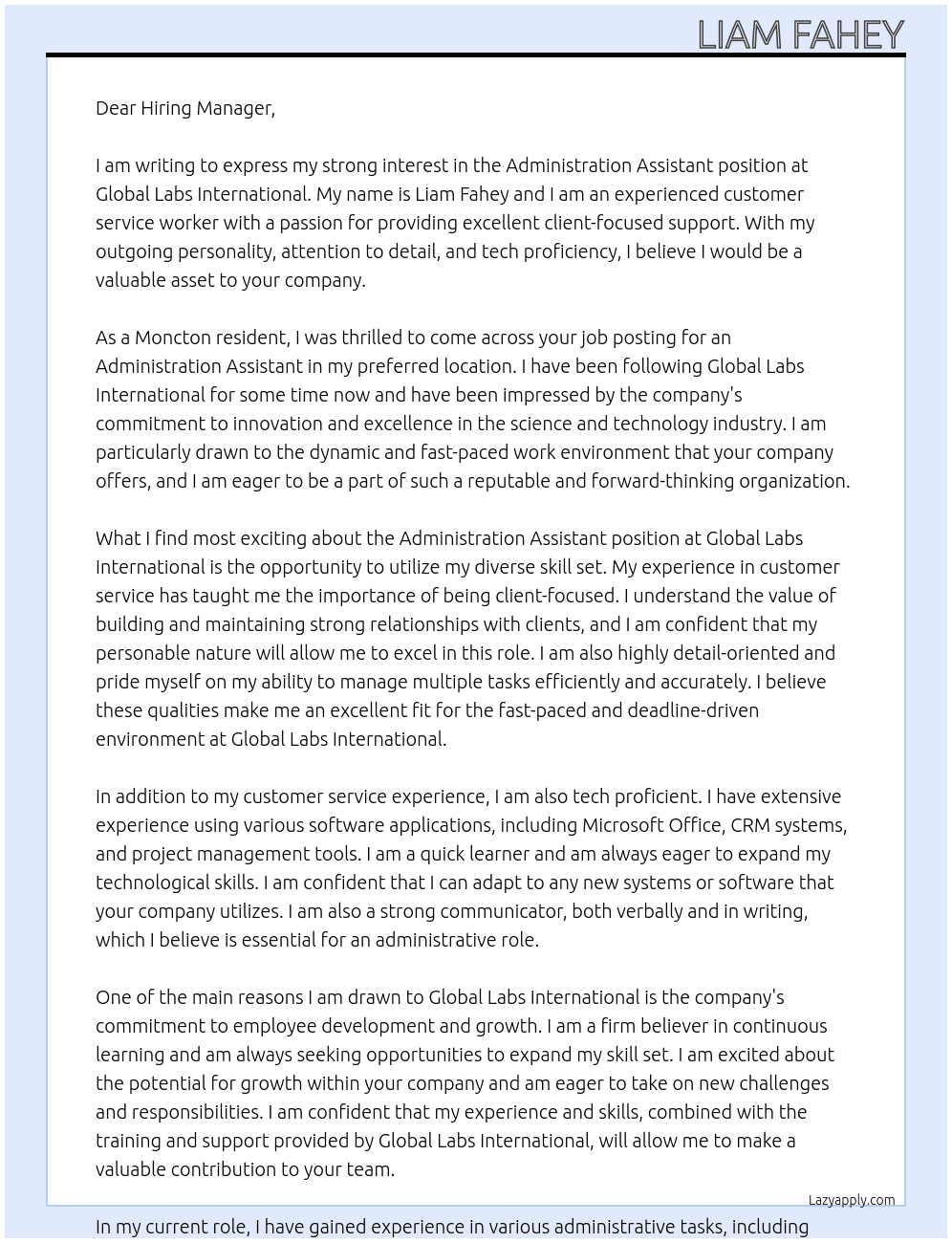 Administration Assistant  At Global Labs International Cover Letter