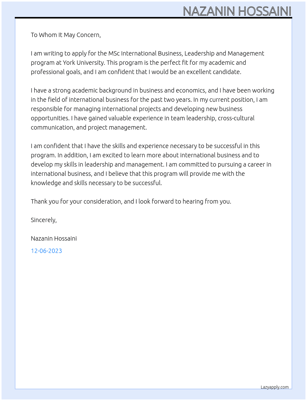 MSc International Business, Leadership and Management At york university  Cover Letter