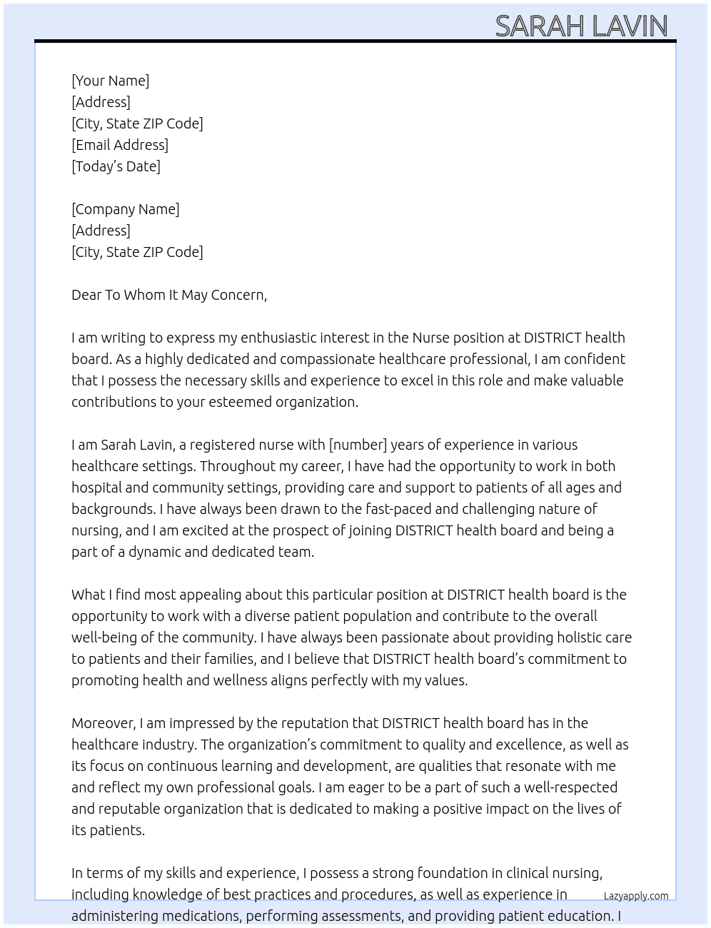 NURSE  At DISTRICT health board  Cover Letter