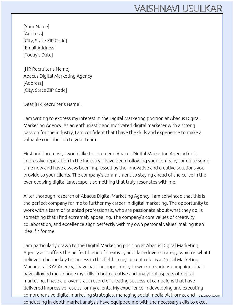 Digital Marketing  At Abacus Digital Marketing agency  Cover Letter