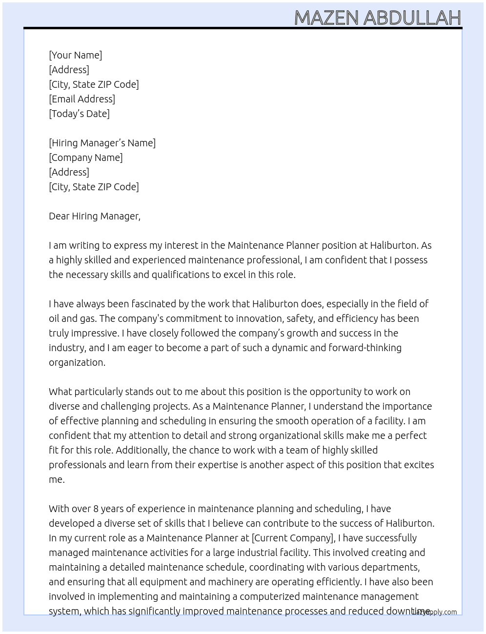 Maintenance Planner At Haliburton  Cover Letter