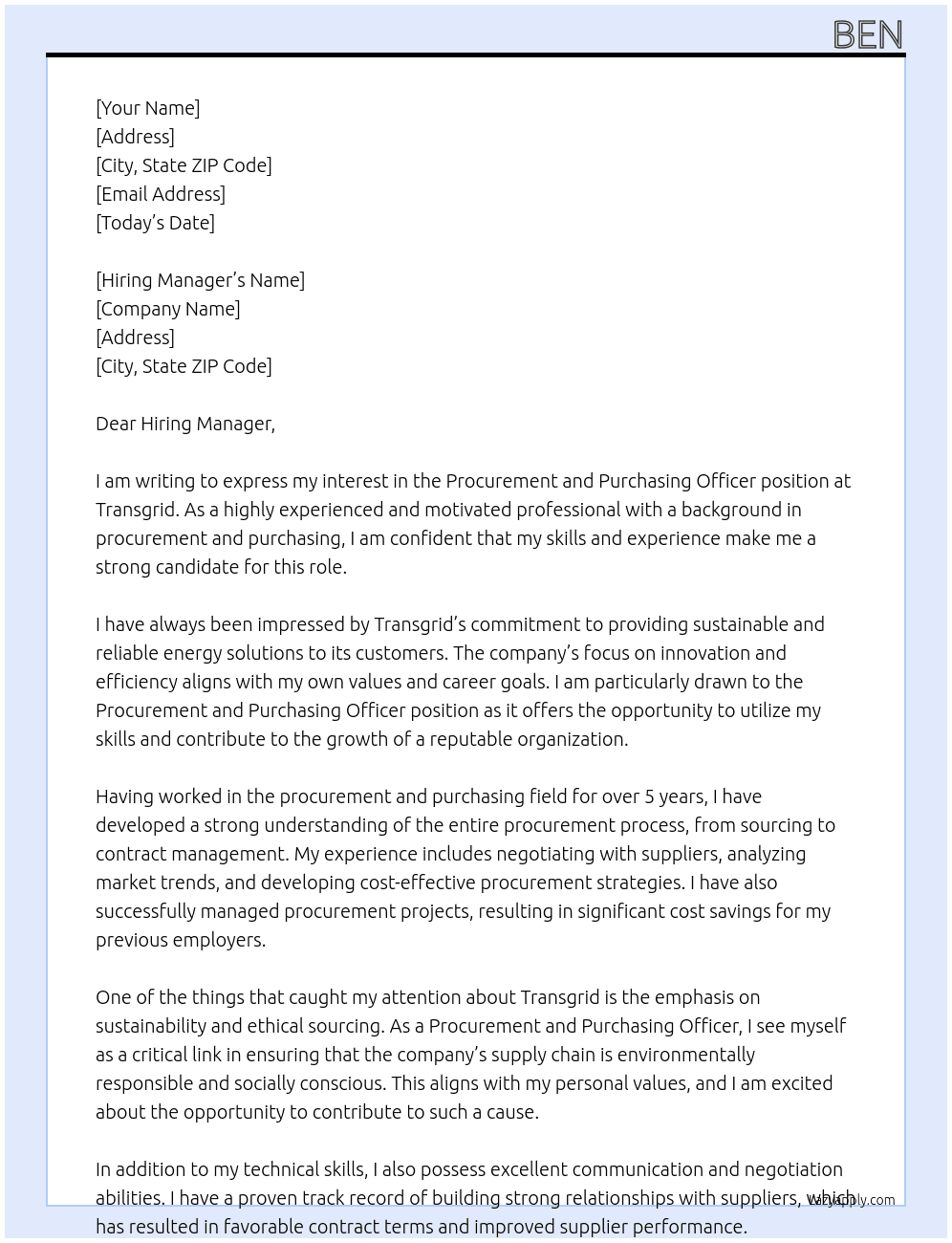 Procurement and Purchasing Officer At Transgrid Cover Letter