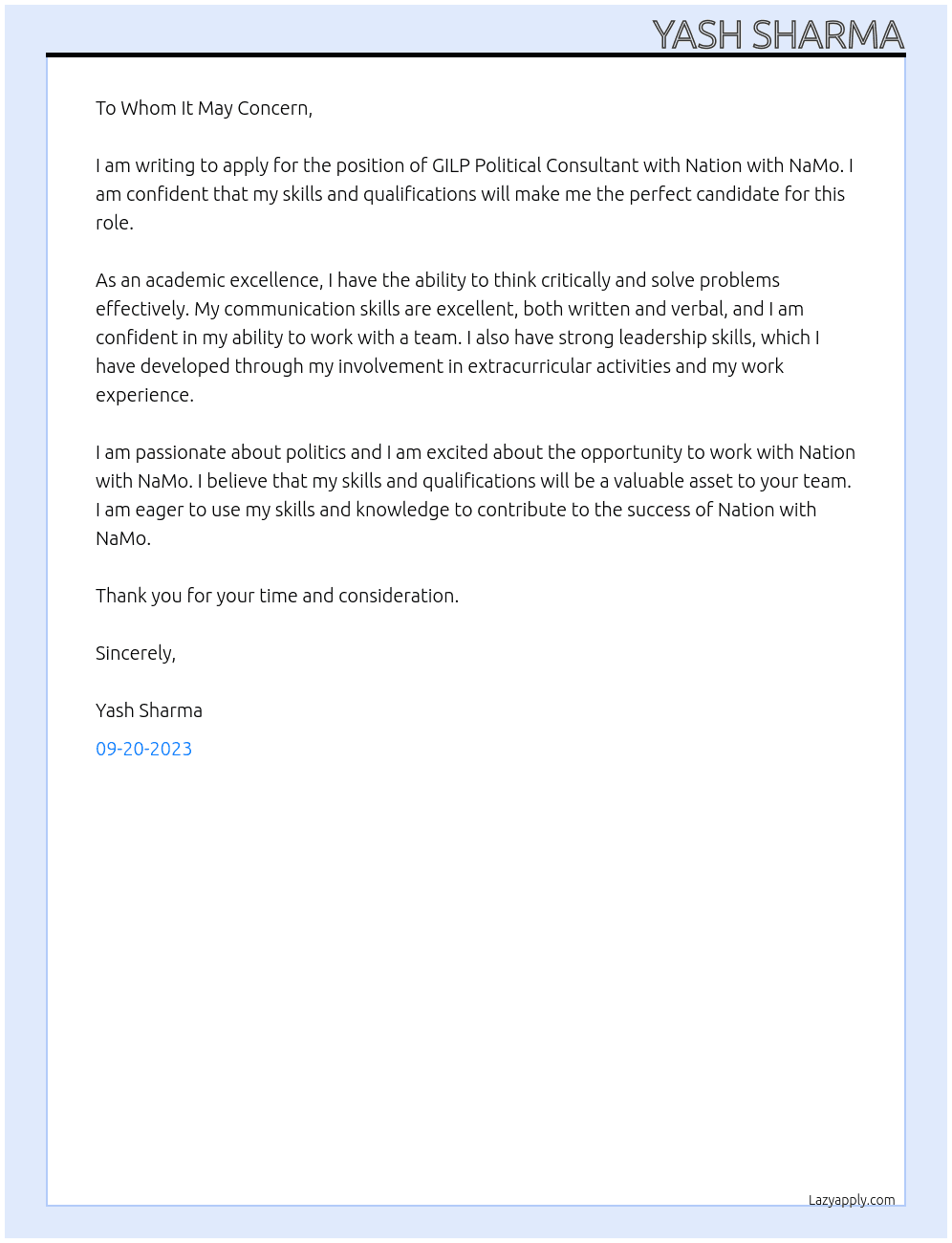 GILP Political Consultant At Nation with NaMo Cover Letter