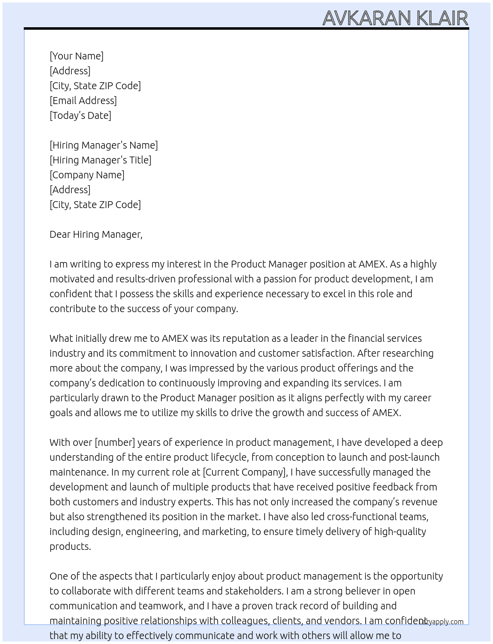 Product Manager  At AMEX Cover Letter