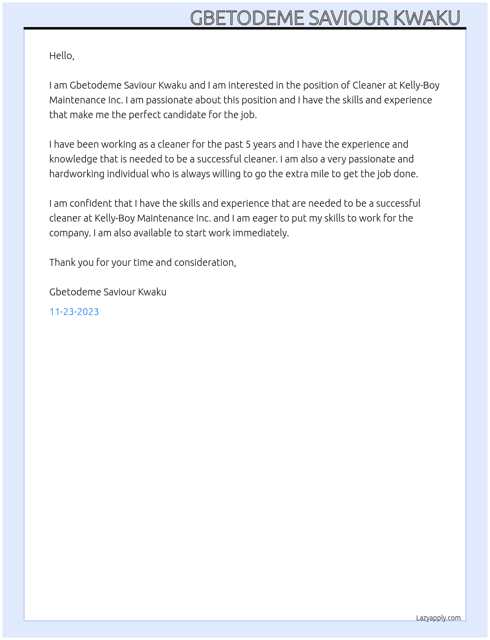 Cleaner At Kelly-Boy Maintenance Inc. Cover Letter