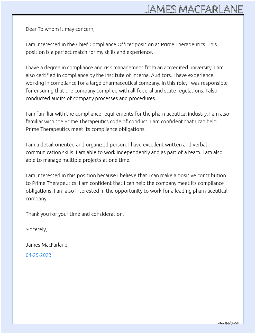 Chief Compliance Officer At Prime Therapeutics  Cover Letter