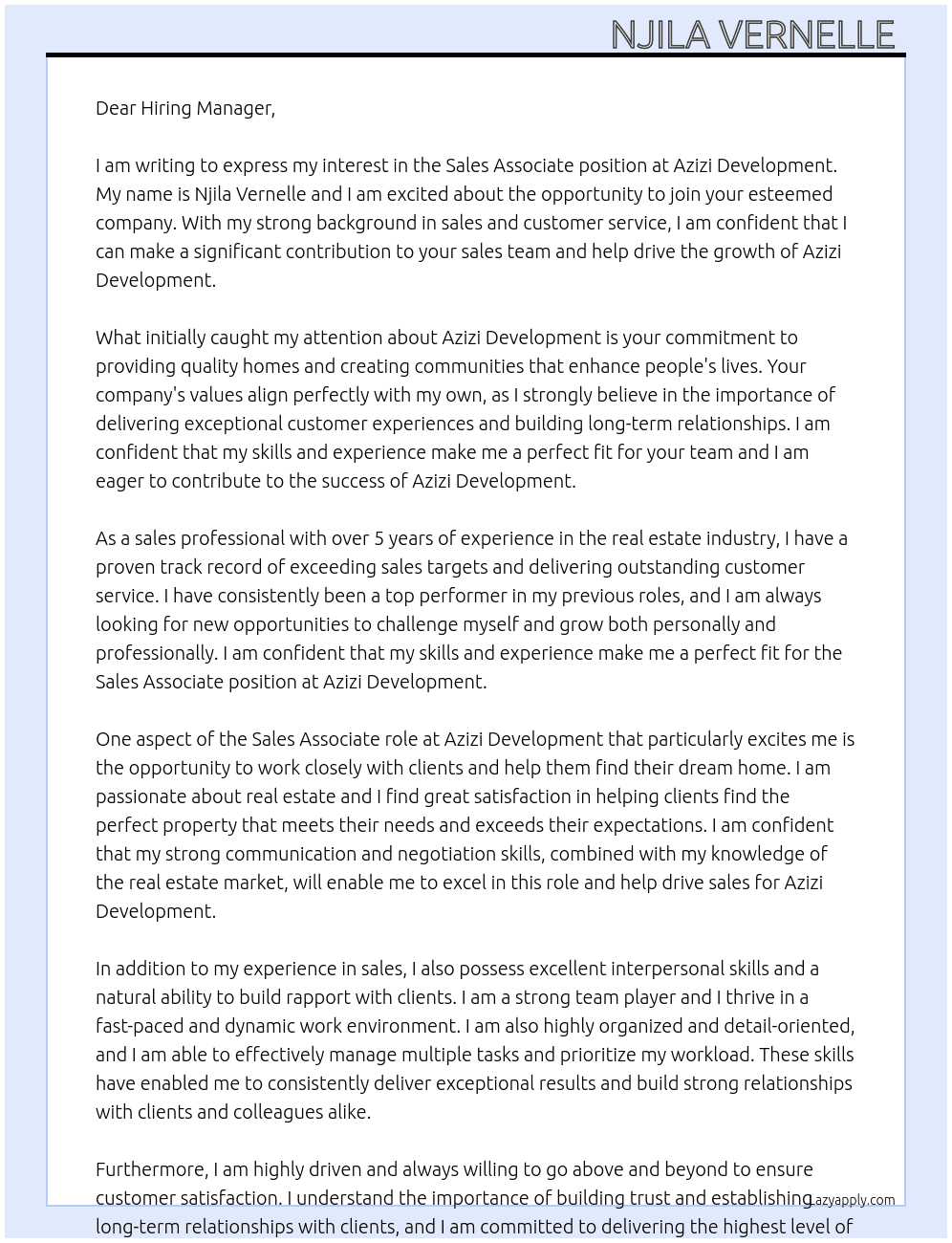 Sales Associate  At Azizi development  Cover Letter