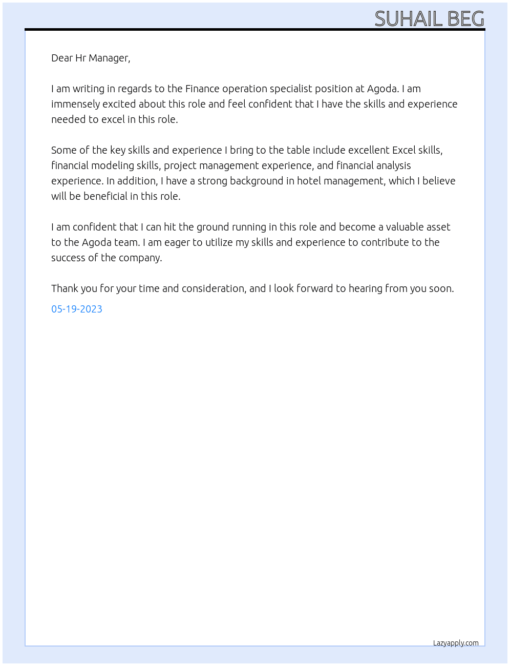 Finance operation specialist At Agoda Cover Letter