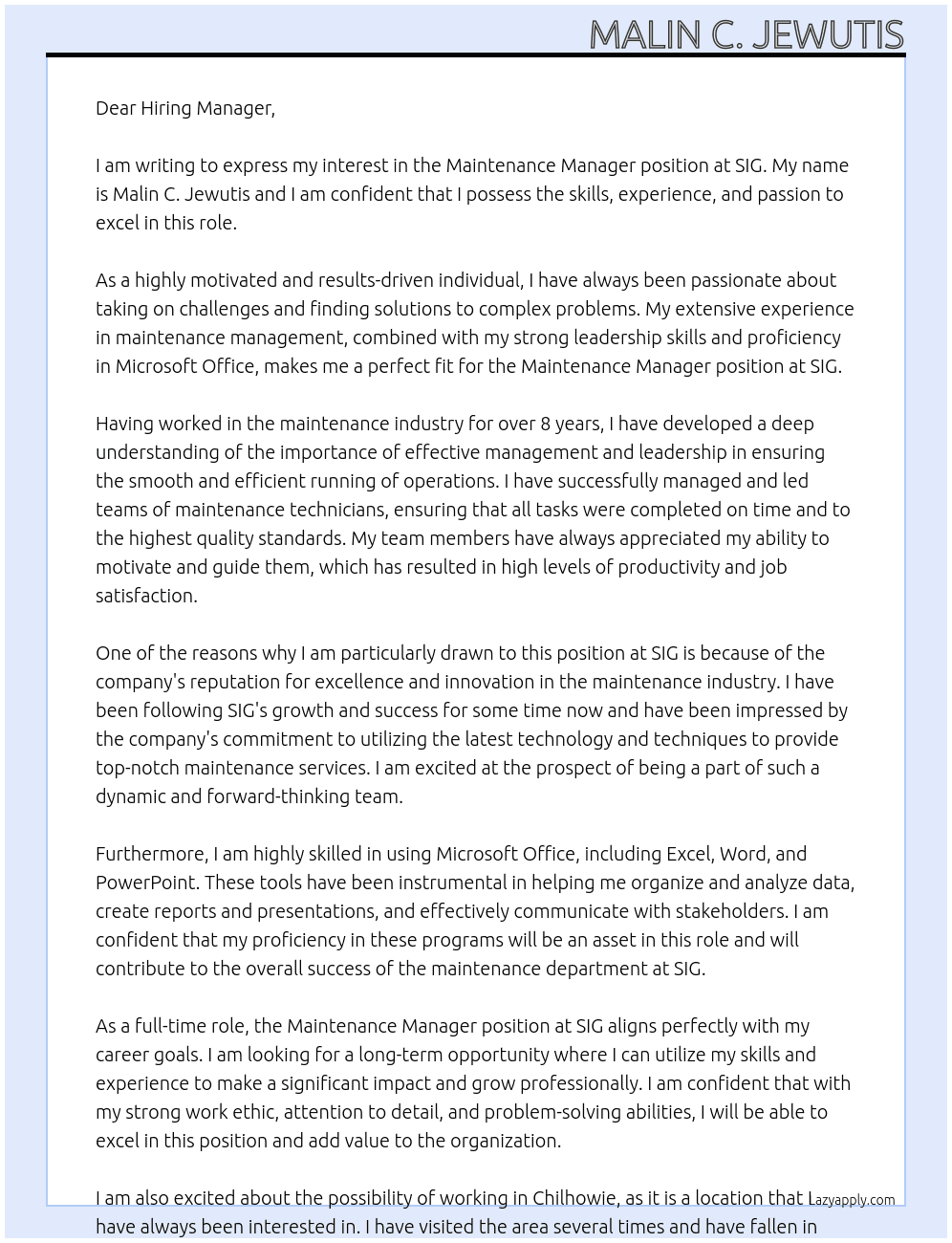 Maintenance Manager At SIG Cover Letter
