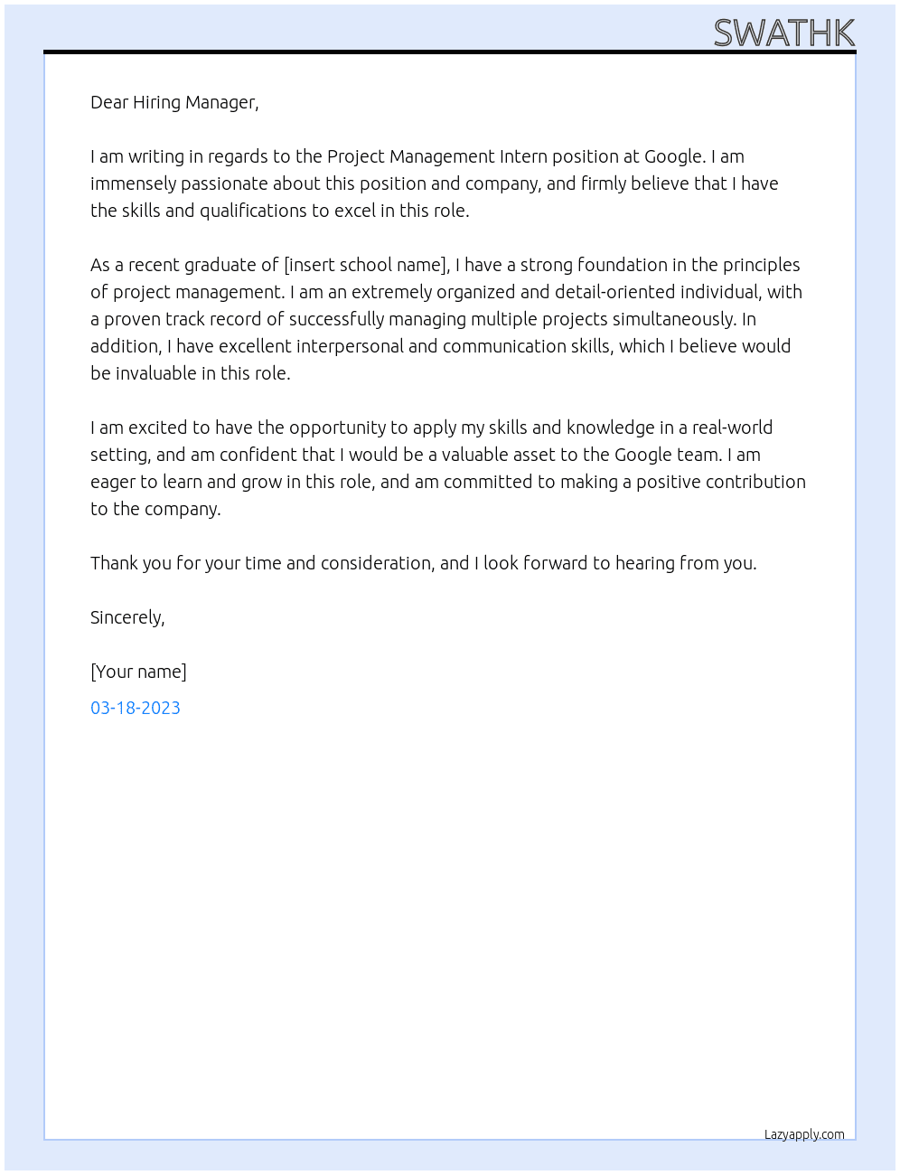 Project management intern At Google Cover Letter