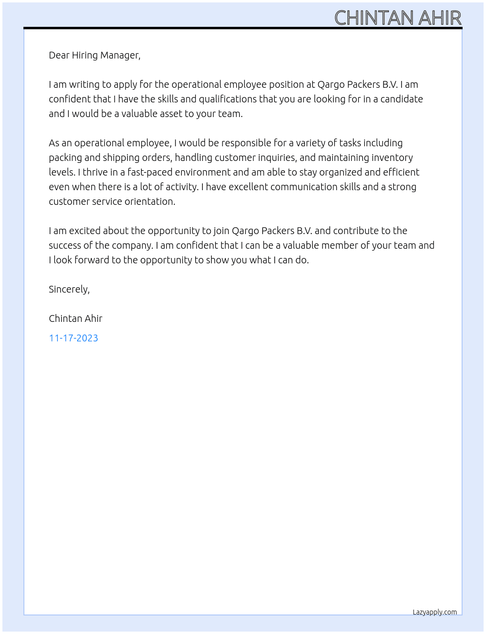 Operational employee At Qargo Packers B.V. Cover Letter