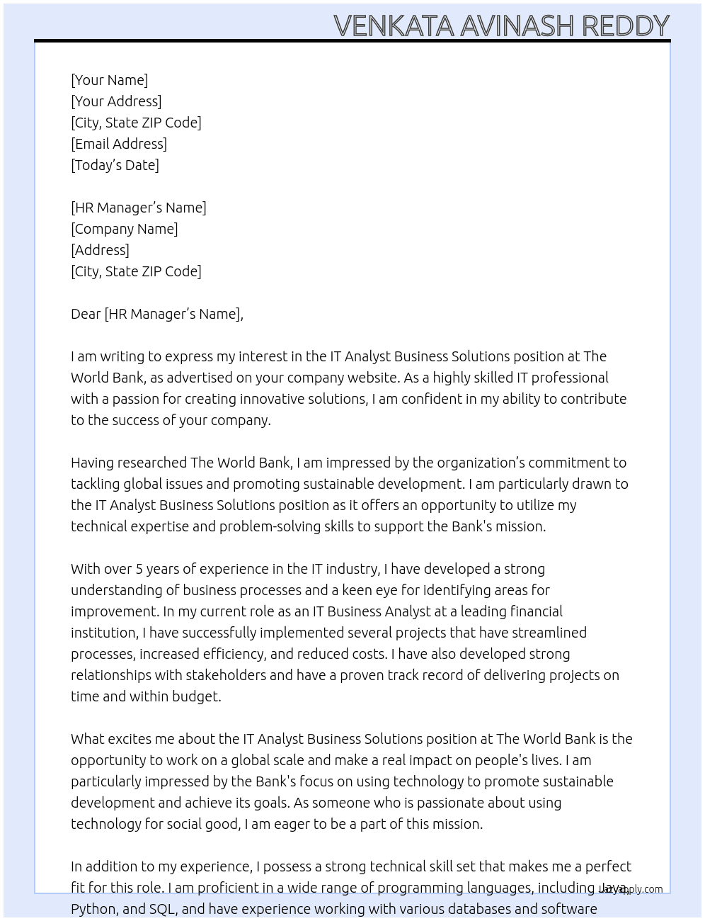 IT Analyst Business Solutions  At The World Bank  Cover Letter