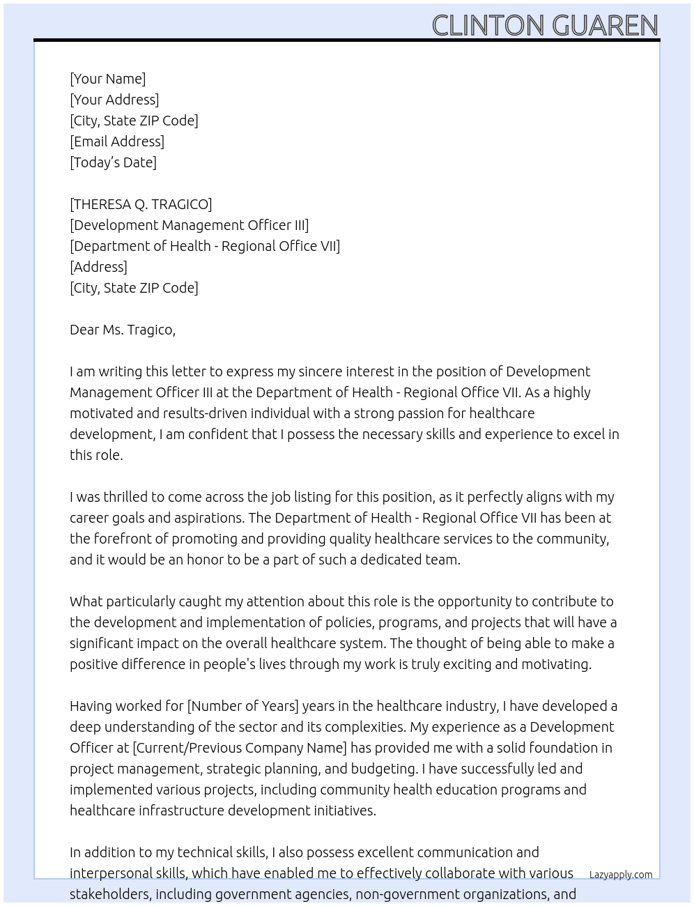 DEVELOPMENT MANAGEMENT OFFICER III At : DEPARTMENT OF HEALTH - REGIONAL OFFICE VII Cover Letter