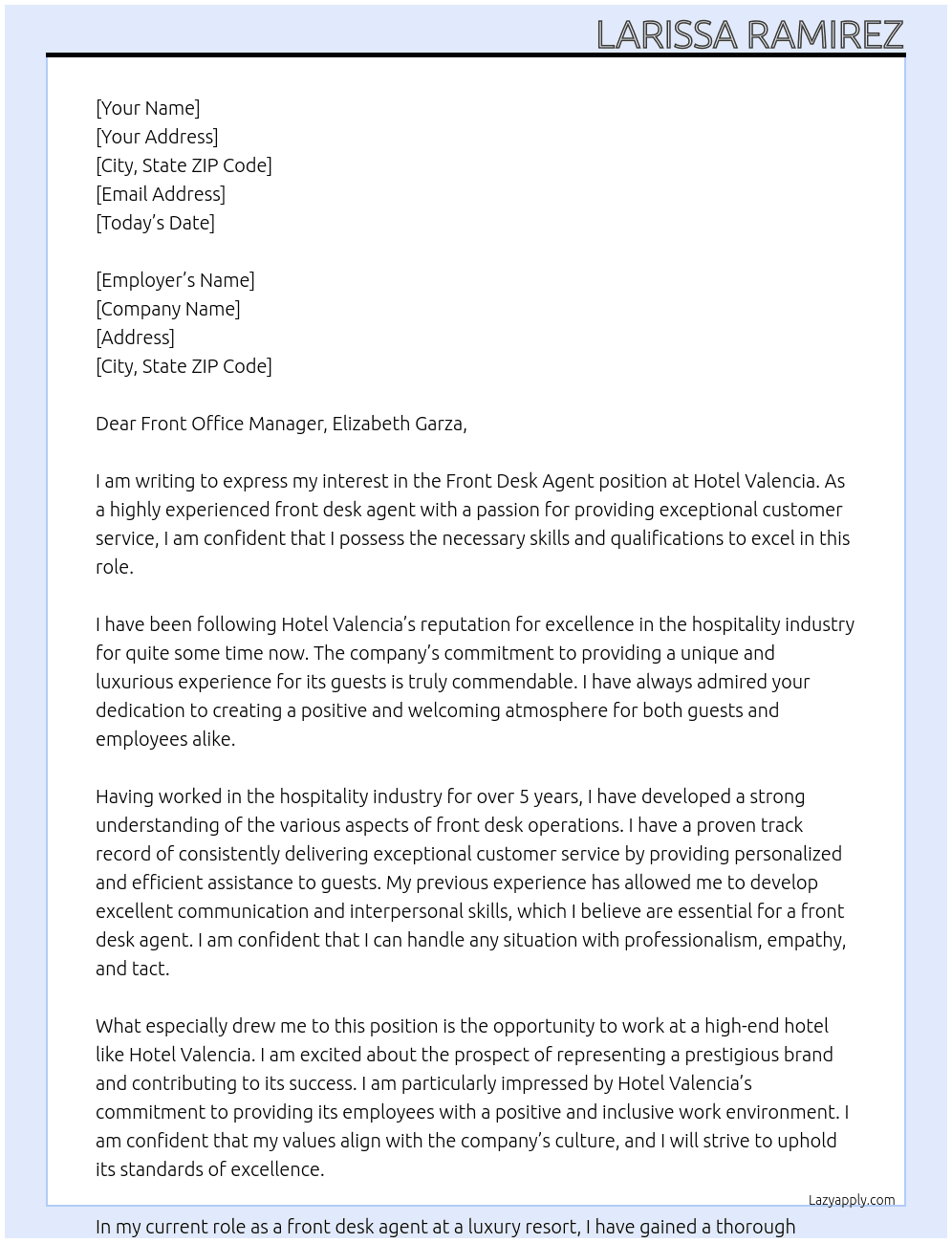 Front Desk Agent At Hotel Valencia Cover Letter
