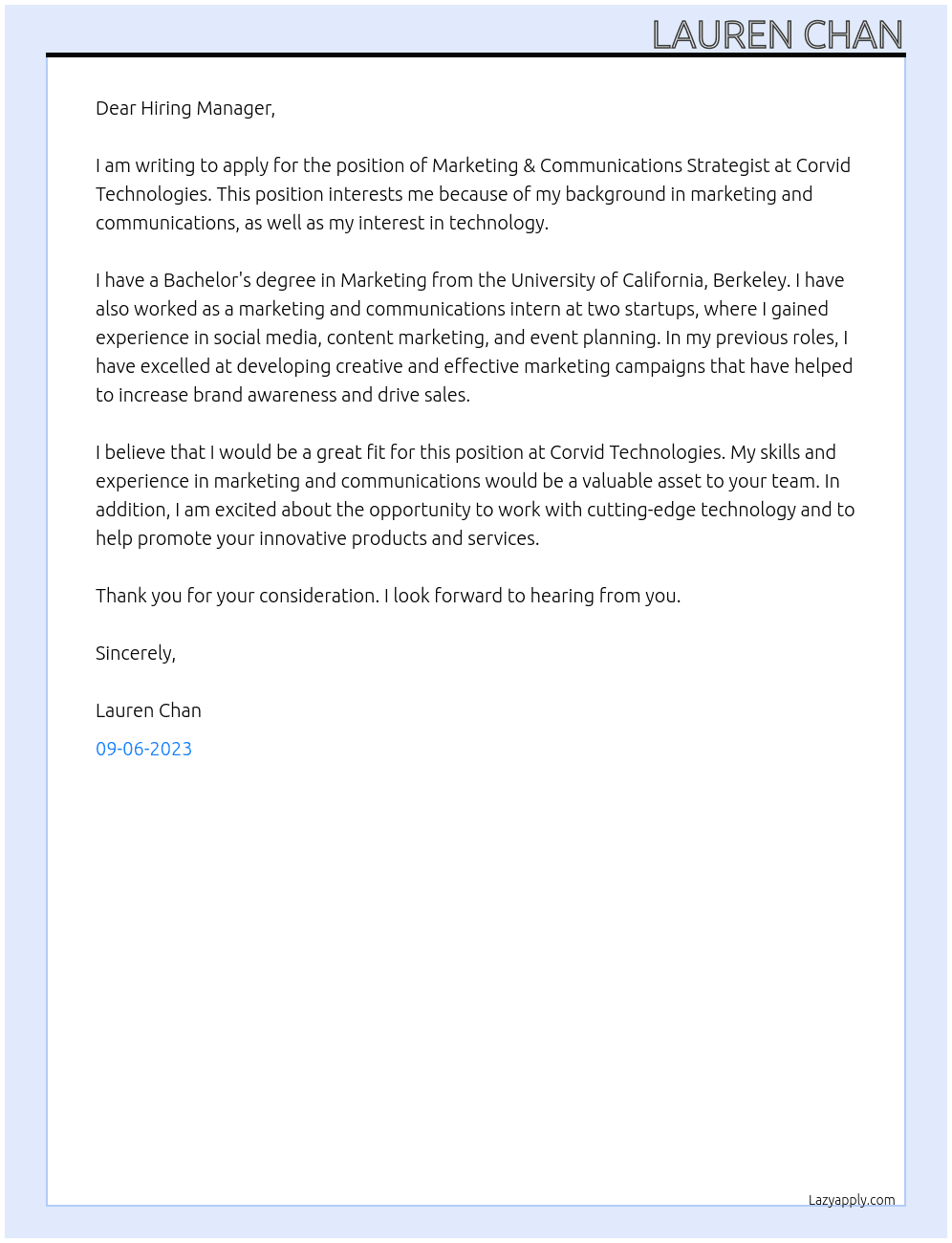 Marketing & Communications Strategist At Corvid Technologies Cover Letter