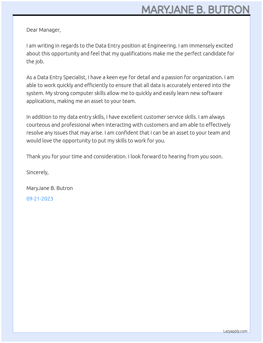 DATA ENTRY At ENGINEERING Cover Letter