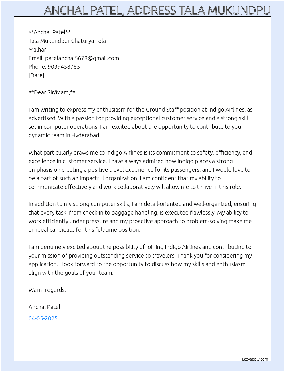 Indigo airlines ground staff  At Indigo airline  Cover Letter