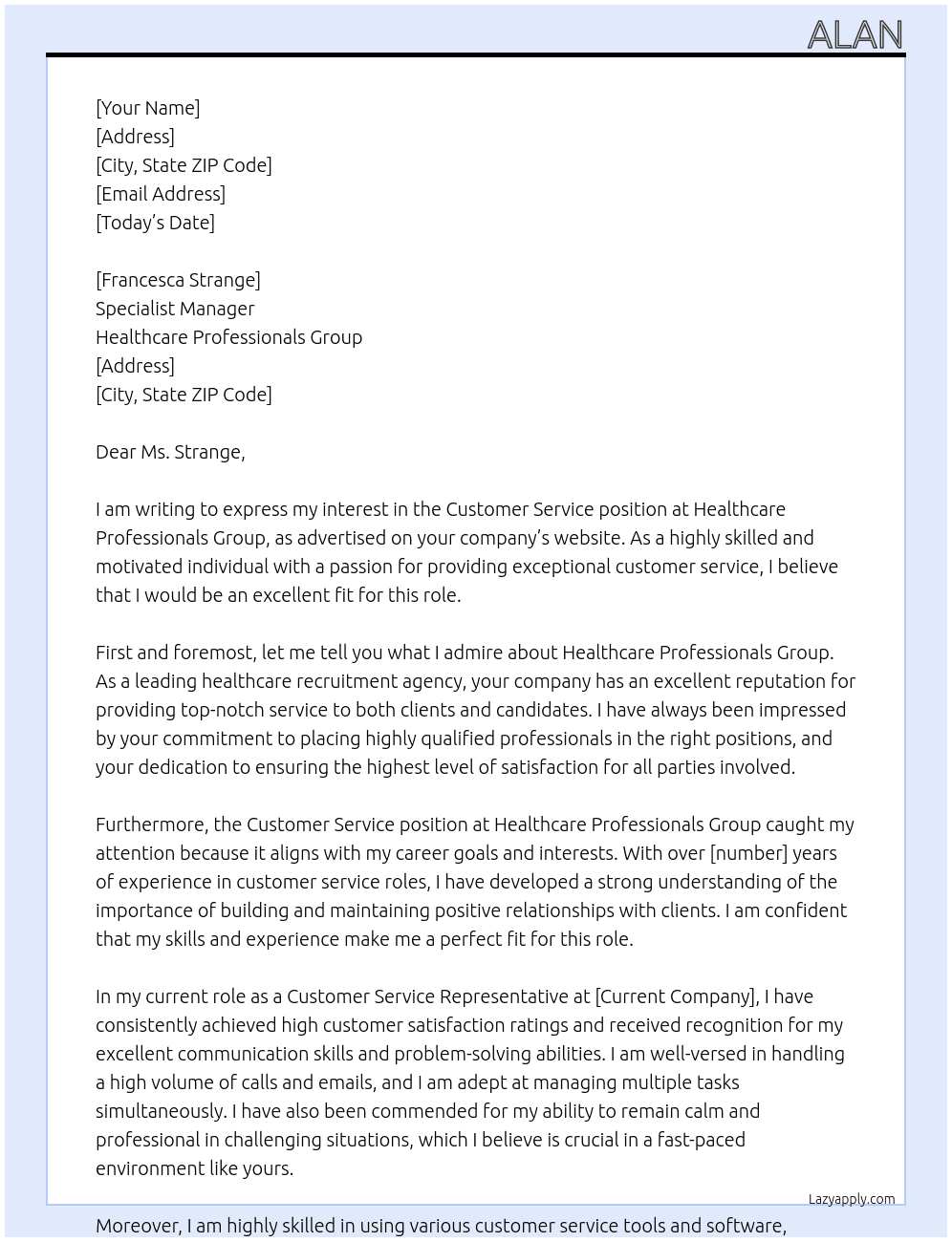 Customer Service At Healthcare Professionals Group Cover Letter