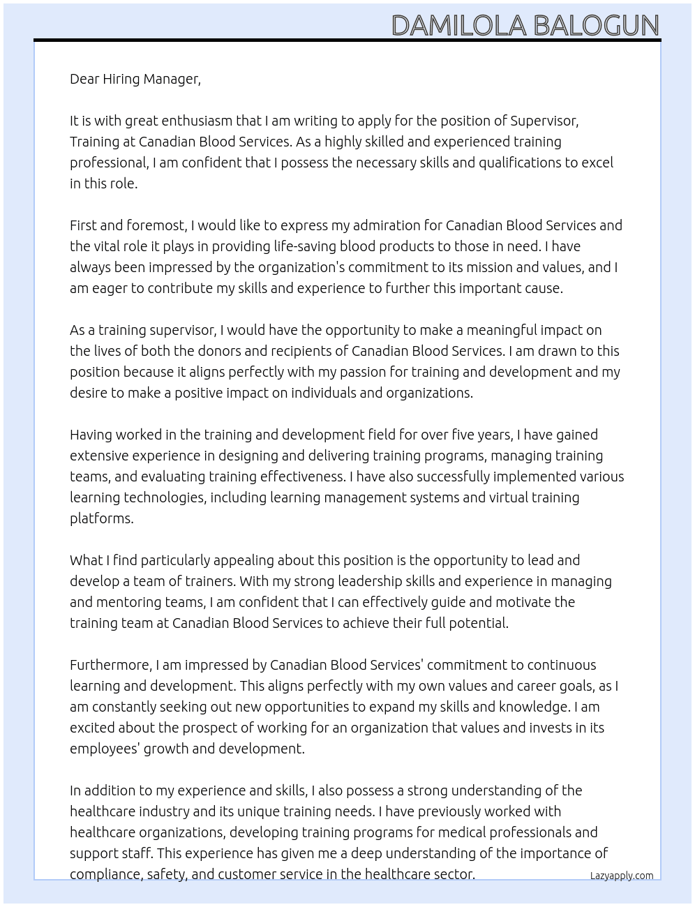 Supervisor, Training At Canadian Blood Services Cover Letter