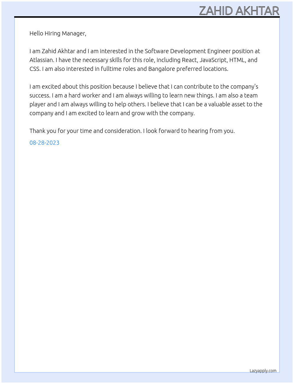 Software Development Engineer At Atlassian Cover Letter