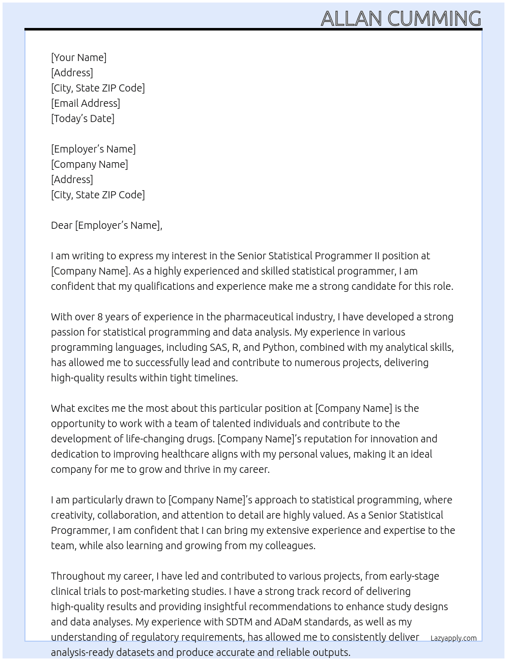 Senior Statistical Programmer II At Internal Cover Letter