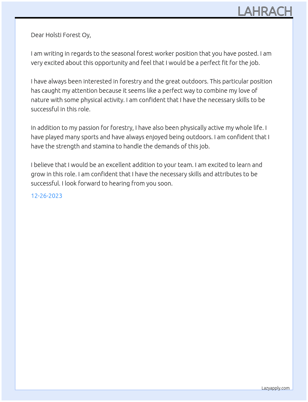 Seasonal forest worker At Holsti Forest Oy Cover Letter