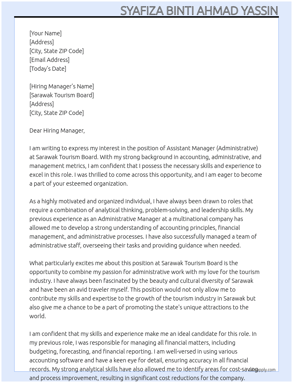 ASSISTANT MANAGER (ADMINISTRATIVE) At SARAWAK TOURISM BOARD Cover Letter