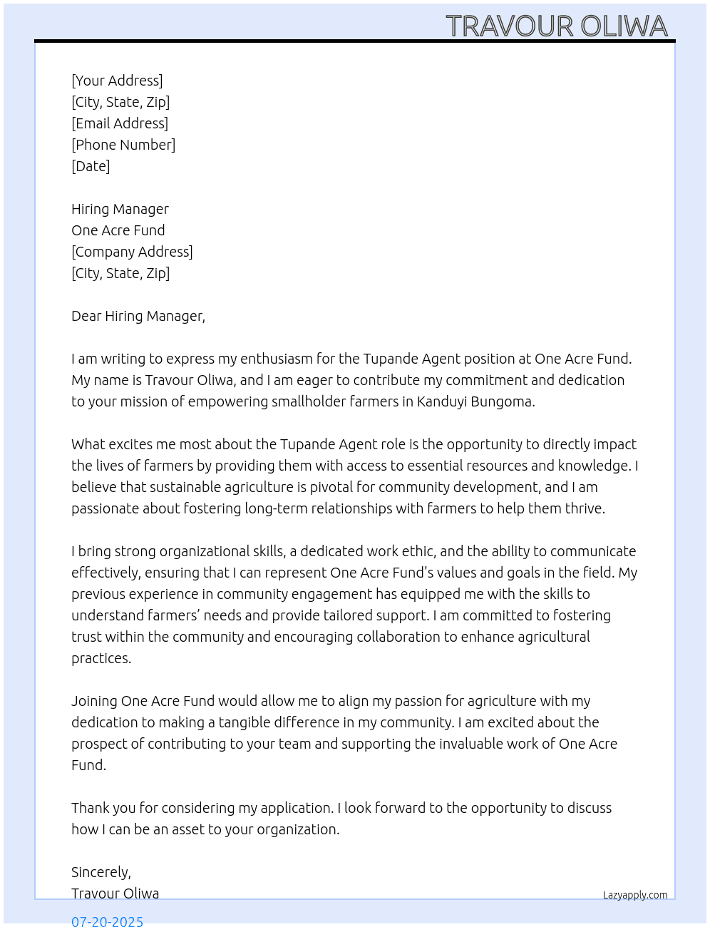Tupande agent At One acre fund Cover Letter