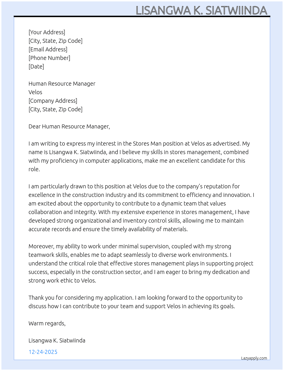 Stores man At Velos  Cover Letter