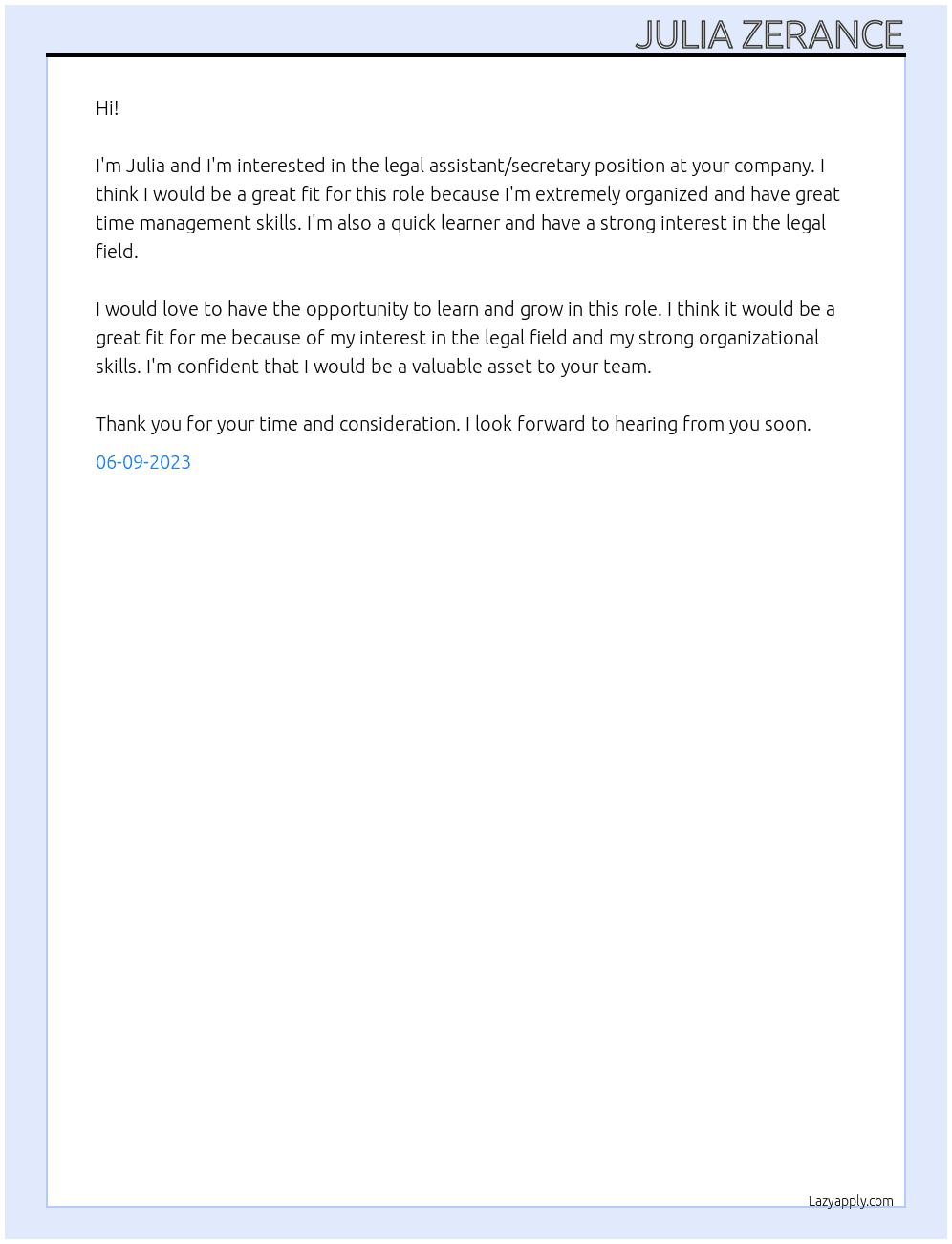 Legal assistant  At Legal assistant/secretary position  Cover Letter